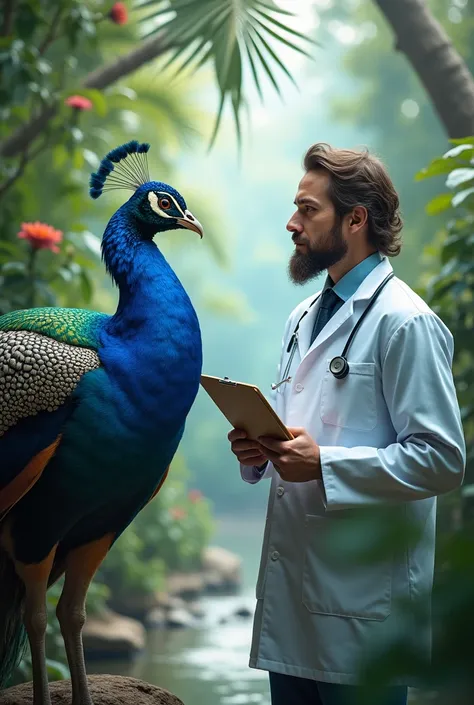 "Create a surreal and harmonious image where a majestic peacock and a human doctor are facing each other. The peacock’s vibrant plumage, with its striking blues, greens, and purples, should be subtly incorporated into the design of a white doctor’s coat. T...