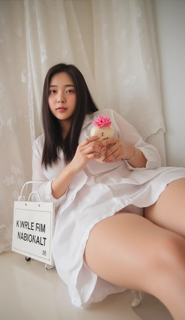 Chinese girl, white skin, shaggy breasts, big breast, detailed fingers and nails, naughty smile, thick body, sexy body, curvy waist, sunny morning, milky white skin, a butterfly tattoo on the shoulder back, a big flower tattoo on the thigh, there is a text...