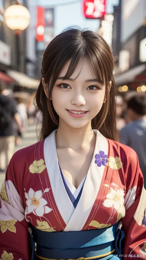 Looking at the camera,(((highest quality, 8k, masterpiece))), Sharp focus, (Beautiful woman with perfect figure), thin,  ((Kimono)), street, Highly detailed face and skin texture Detailed eyes Double eyelid Random pose, (smile),super cute Japan person,supe...