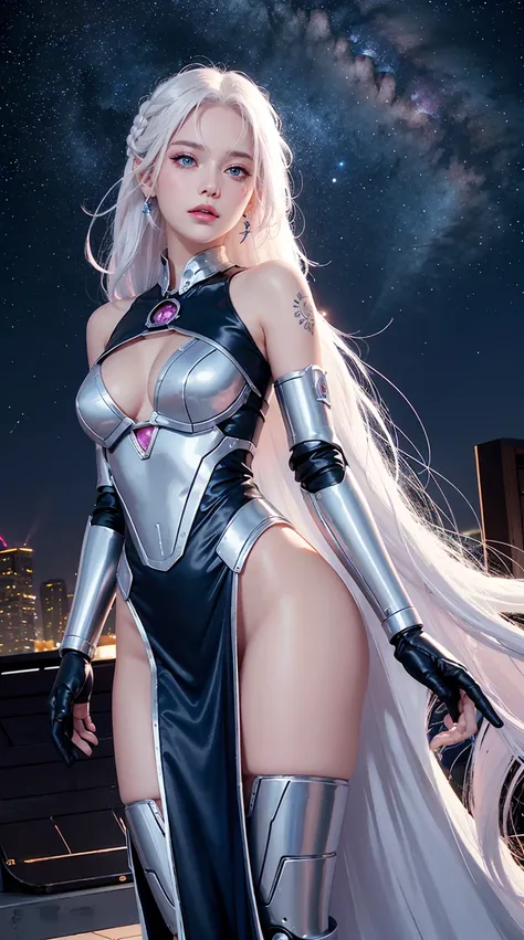  actual ,   high resolution, Miss,   shiny skin ,  Unique , Tattoo, jewelry,  pink lips ,   long hair, White hair,   blue eyes  , Residence,   hip up  , girl,Mechanical parts, United,   single robotic arm  ,   starry sky  , Aura Ground  