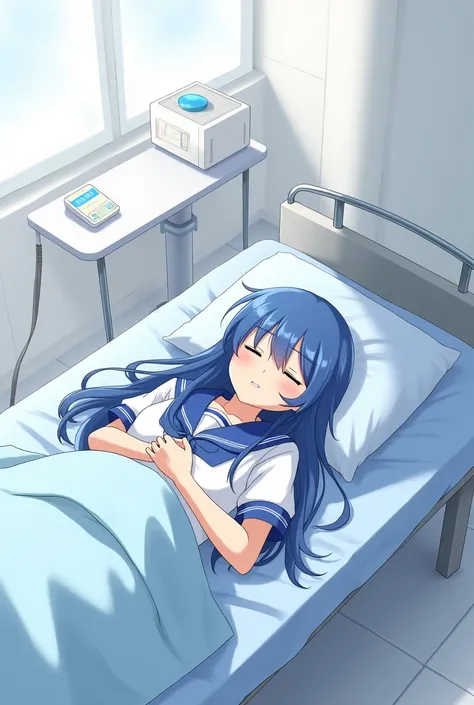 Akebi Komichi sleeping in clinic bed, wearing their sailor uniform, without blanket