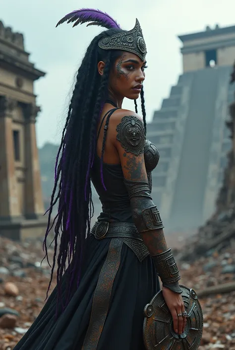   realistic high-resolution photograph of a young Mexican Latina of incomparable beauty ,  sexy gothic costume ,  dreadlocks black hair with purple tips ,  jaguar warrior Tezcatlipoca with a huge robot inspired by an Atlantean Toltec warrior from Tula as g...