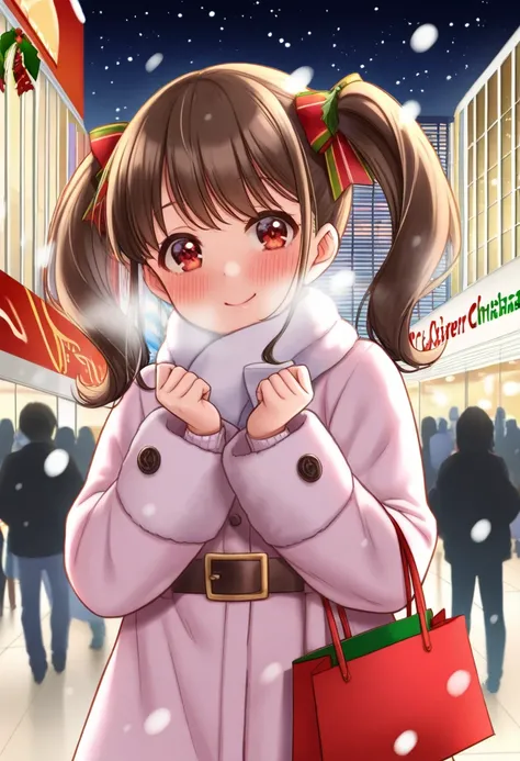  Christmas,Santa, Twin Tails 1 Girl ,露出高めほぼ全裸Santaコス,Around town,night,Its snowing ,大きな Christmasツリー, Shopping Mall,Crowd Exposure 