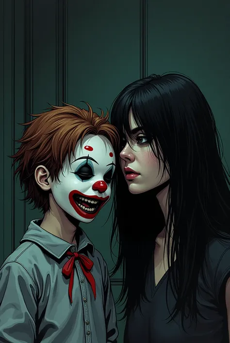 A boy in a clown mask and a girl who couldnt make expressions with long black hair for a comic book 