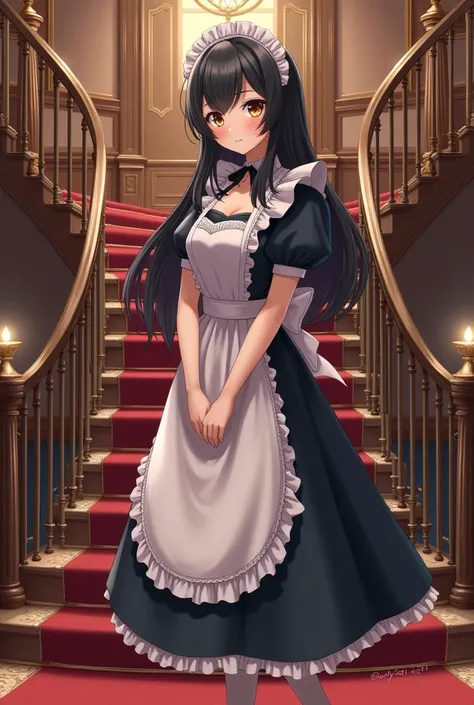 A cute woman in a maid outfit with black hair, standing near a grand staircase in a Western-style mansion.