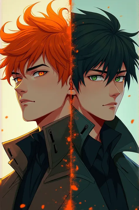 Draw a male character in his 20s who has orange hair and orange eyes, and a male character in his 20s who has dark hair, green eyes, and a blunt appearance