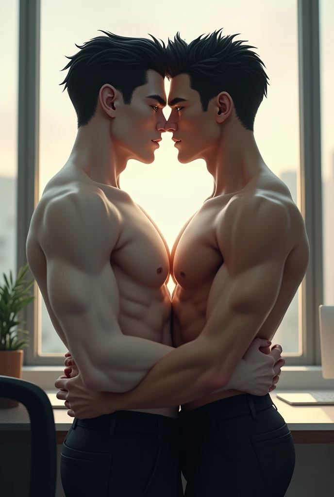 Two identical twin men, White skin black hair office hentai 
