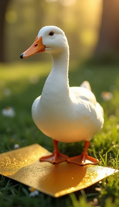 "Create an image featuring a realistic duck standing on a grassy surface in a peaceful outdoor setting. Nearby, place a shiny gold plate or gold sheet, reflecting the light with a radiant glow. The duck and the gold should be positioned separately, with th...