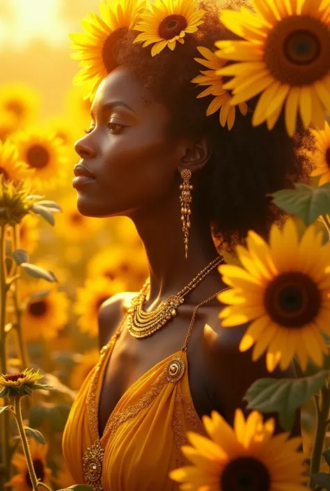  Golden and yellow goddess with sunflowers and honey, young and beautiful black woman  