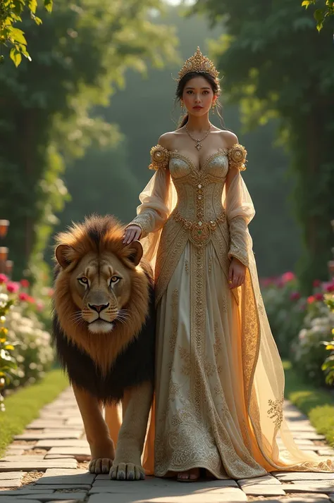 Woman in royal dress walks with lion
