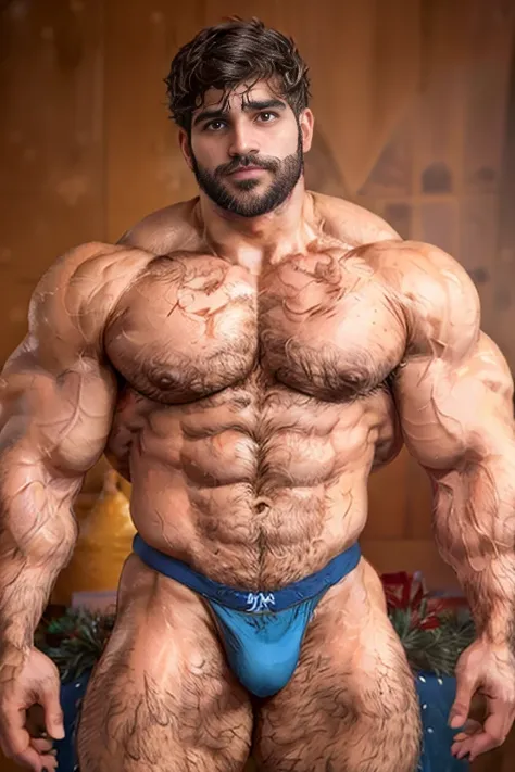 1 man,      Middle Easterners ，beard， A handsome and healthy man only wears triangle tight underwear ,  Oversized lower body     (      Very Messy Short Hair      :1.1), (      muscular 30-year-old man    ）（    furry chest      :1.1) ,         Preparing fo...