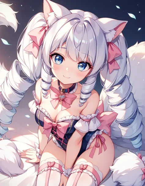  cute girl touching her body 、 top quality、 blue eyes、 Sexy Idol Outfit 、White cat ears、 、 One Fluffy White Tail 、 Long White Hair with Twin Tails 、 Big Drill Tails in Twin Tails、chest size C、 Soft Bodied Girl 、 pink ribbon