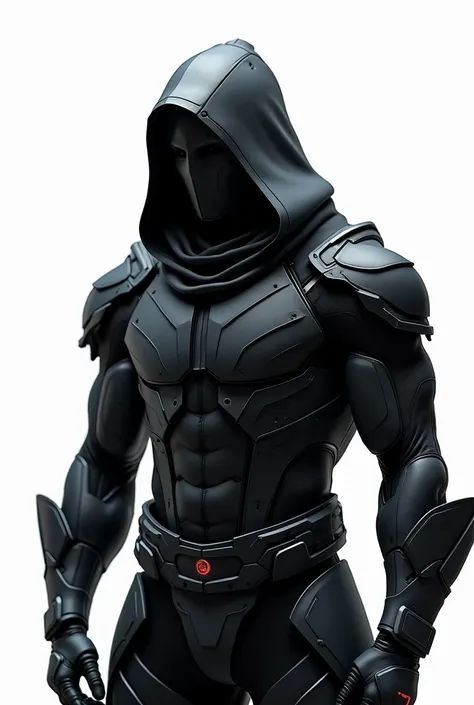 Create for me ninja armor with a futuristic hood ,  showing her face , Male Version, with the color black without weapons or swords in the hand on a white background 