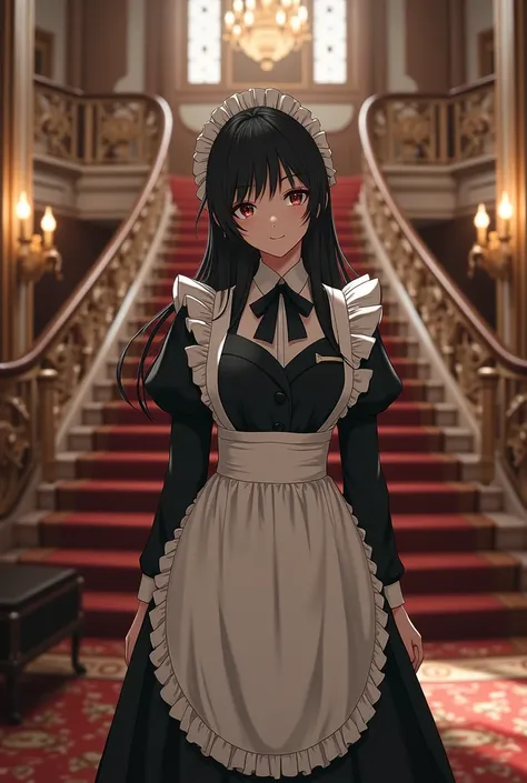 A cute woman in a maid outfit with black hair, standing near a grand staircase in a Western-style mansion. Seed: 1386627373