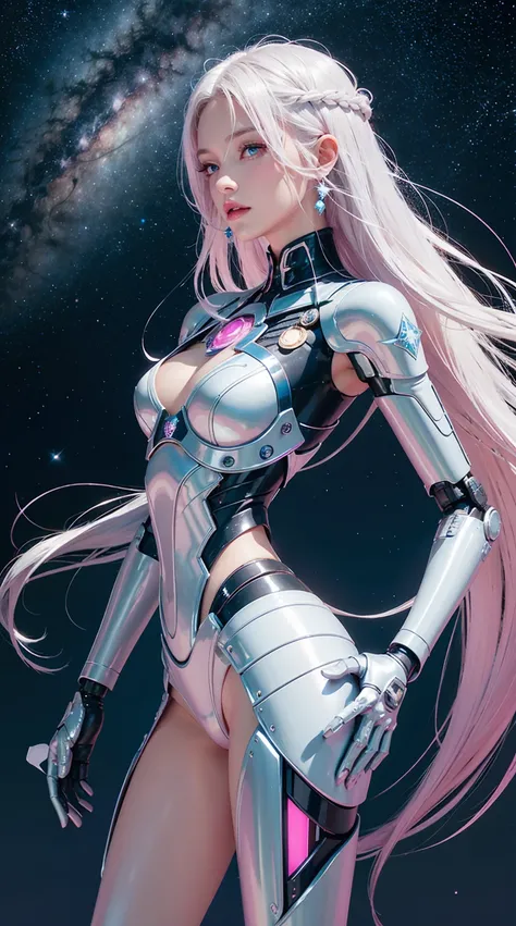  actual ,   high resolution, Miss,   shiny skin ,  Unique , Tattoo, jewelry,  pink lips ,   long hair, White hair,   blue eyes  , Residence,   hip up  , girl,Mechanical parts, United,   single robotic arm  ,   starry sky  , Aura Ground  