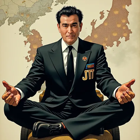 Ishihara良純が黒のスーツを着て『JTt』 and he is sitting cross-legged on a chariot carved 、For a suit「Ishihara」Its embroidered 。 A large weather forecast map is drawn in the background {x} his eyebrows are thicker than normal and his hair is seventy-three times that of ...