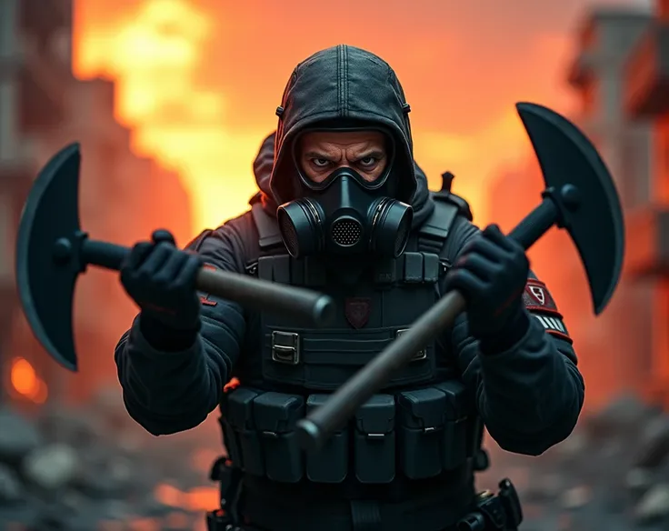 a furious man in a black uniform, gas mask, black bulletproof vest, holding a two-handed axe, beating the viewer with red details, in a destroyed city at sunset, (best quality,4k,8k,highres,masterpiece:1.2),ultra-detailed,(realistic,photorealistic,photo-re...