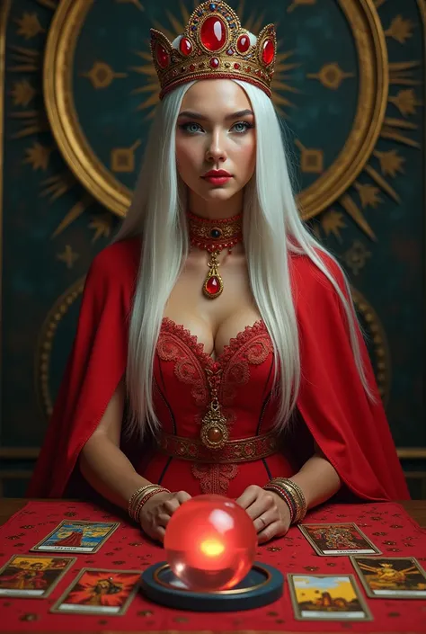 Create an image of an Umbanda queen in red yellow blue clothes, would be queen of seven skirts. She has long straight white hair, blue eyes, red skirt red cape, red crew neck blouse.She has bracelets and a red choker. She has a crown of red stones.. She ne...