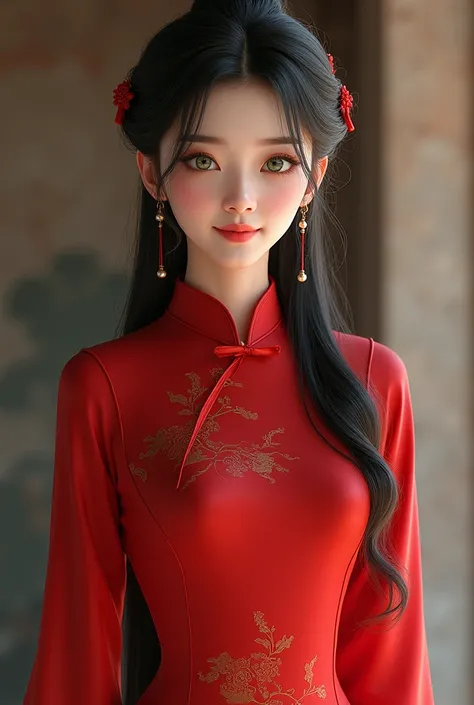 Longnü is 20. she has long black hair in hanfu hairstyle . beautiful traditional Chinese woman. her eyes green.  she wore a red Girls QiPao modern short Chinese. with hanfu red shoes.  she is slim and pretty 