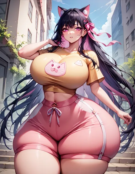  masterpiece fails,  top quality, absurdres ,   very aesthetic ,  1girl, ( black hair,  long hair , detailed hair,  cat ears,  pink eyes , pink hair ribbons:1.2), ( casual wear, yellow t-shirt , pink shorts:1.2), (Thin clothes,  clothes out of size , tight...