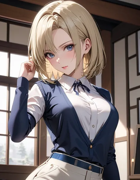 ( Japanese anime style ),  cute, ( android１８Number:1.5),  Cowboy Shot ,  Female Teacher, masterpiece:1.5, masterpiece, highest quality, UHD, retina, masterpiece, accurate anatomy, super detailed, high quality, best quality, 8k