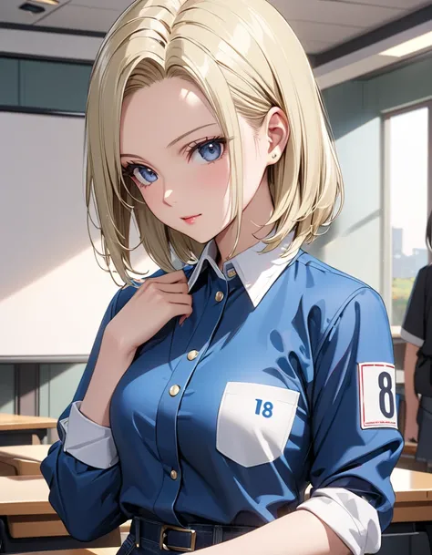 ( Japanese anime style ),  cute, ( android１８Number:1.5),  Cowboy Shot ,  Female Teacher, masterpiece:1.5, masterpiece, highest quality, UHD, retina, masterpiece, accurate anatomy, super detailed, high quality, best quality, 8k