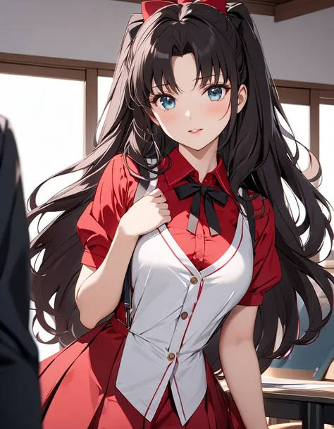 ( Japanese anime style ),  cute, (Tohsaka Rin:1.5),  Cowboy Shot ,  Female Teacher, masterpiece:1.5, masterpiece, highest quality, UHD, retina, masterpiece, accurate anatomy, super detailed, high quality, best quality, 8k