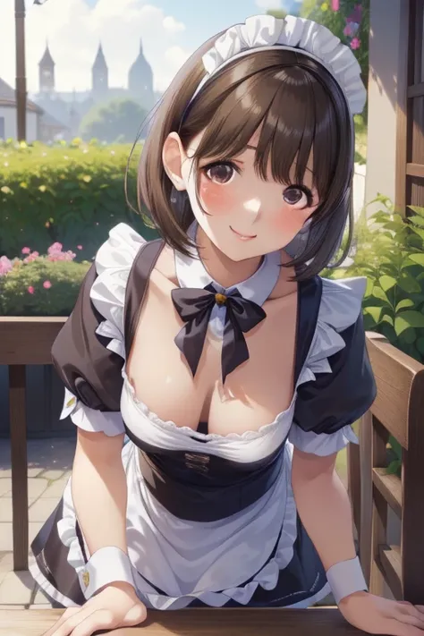 my grandmother, brown eyes, brown hair, short hair, large breasts, masterpiece, best quality, high resolution, beautiful detailed eyes, extremely detailed face, good lighting, detailed CG, messy hair, garden, glossy lips, maid, short puffy sleeves, small m...