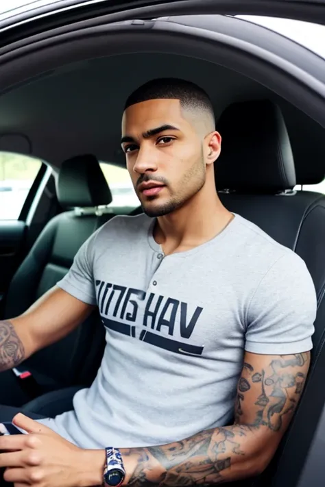 high quality handsome light skin mixed race man with short hair, in an Audi car, looking at the camera, he has a tatoo written "Jose Tate"