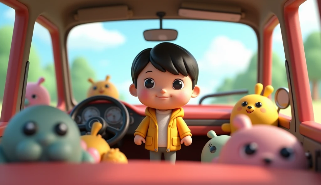  create a picture of the student standing in the car, all around the students , in chibi style 3d 