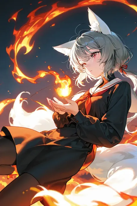 Animal ears、 falling from the sky wearing flames like a meteorite、Flame Effect、Gray Hair、A woman with five white tails 