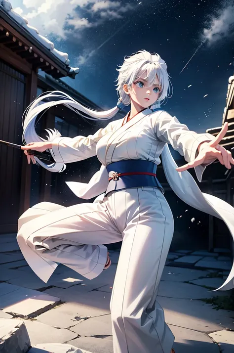 Female martial artist, white japanese kimono, beautiful, long hip length hair, cool, fighting stance