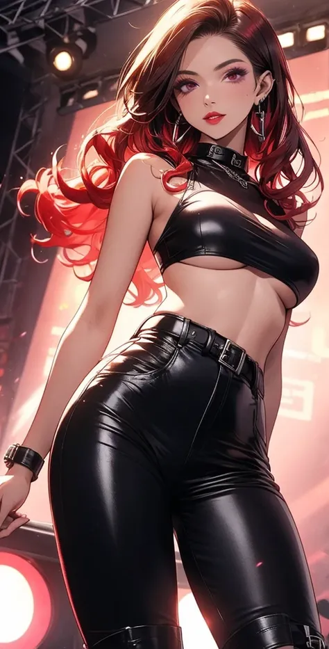  high definition ,  better quality ,  high detail ,  high quality, full length ,full frame, Full-length girl, long hair ,  red hair,  Natural curls, curls, Breasts, earrings,  purple eyes , makeup, scarlet lips, leather pants,Leather short top ,leather boo...