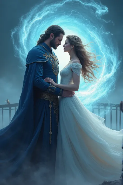 A mage male that protects a princess, magic, stunning, conematic, flowing shapes around, hurricane as background, romantic and epic feel