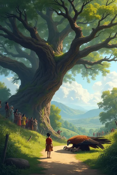 A countryside road passes by a massive banyan tree. Beneath the tree, a young boy stands near an enormous falcon lying on the ground. Nearby, a small group of curious people gathers, observing the scene.