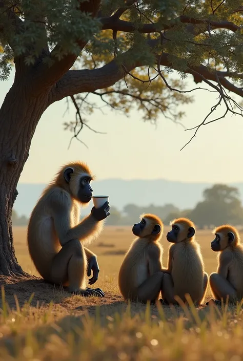 A group of neandertals are sitting under a tree in the savannah, a separate neandertal is standing and drinking coffee with a porcelain coffee cup in his hand, while the primates sitting under the tree are watching him.