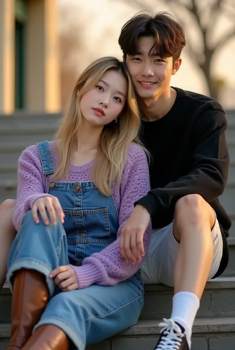 Medium shot of a young Korean couple sitting on the stairs bathed in soft, warm light. The beautiful Korean woman in the foreground is wearing a purple sweater, blonde hair, jeans jumpsuit, brown boots, her expression is calm and introspective, she is lean...