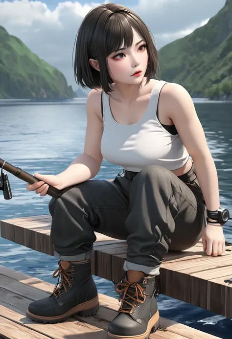  sitting on the dock holding a fishing pole, artwork in the style of Gwaiz,  realistic anime 3d style in the style of Kantai Collection, Gwaiz,  Realistic Art Style ,  Stunning Digital Artwork ,  3D Animation Realistic , Anime style 3D,  realistic anime ar...