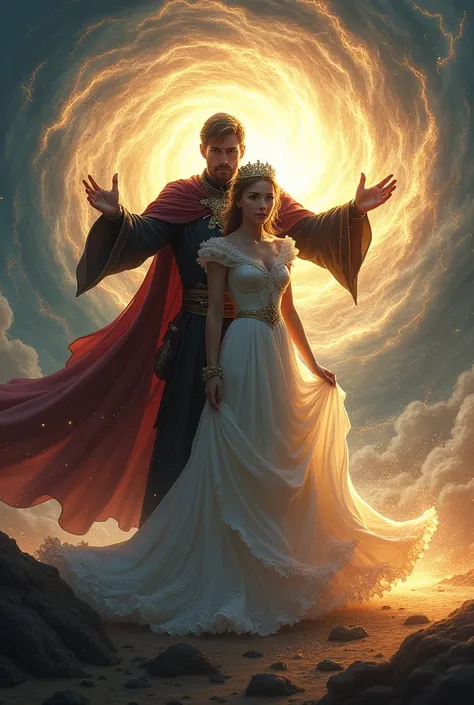 A mage male that protects a princess with magic, magic, stunning, conematic, flowing shapes around, hurricane as background, romantic and epic feel