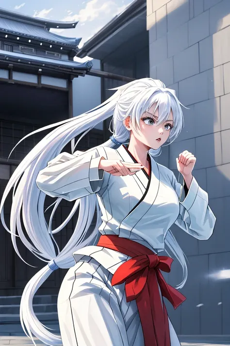 Female martial artist, white japanese kimono, beautiful, long hip length hair, cool, fighting stance