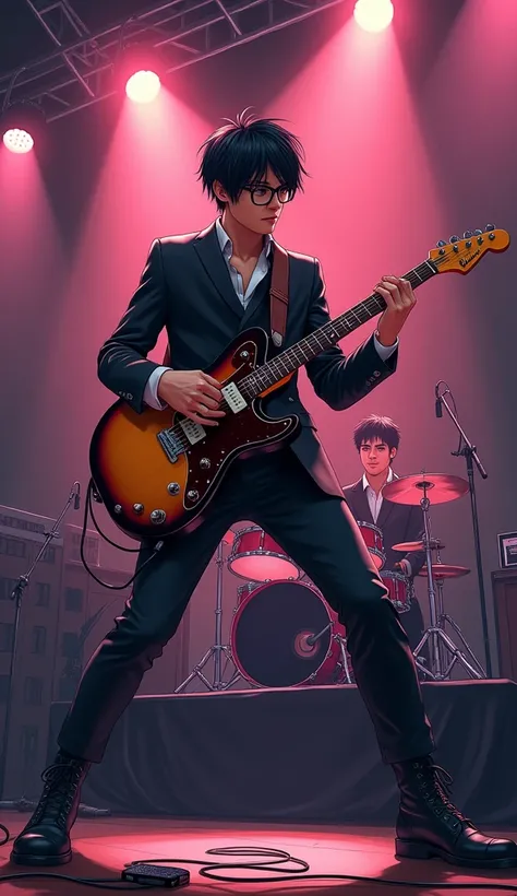 guitarist、 black hair、Short Hair、 Black-rimmed Glasses 、 black suit、 boots、 man、 illustrations、Fender jaguar sunburst color、ライブパフォーマンス、ステージ、イラスト、1人