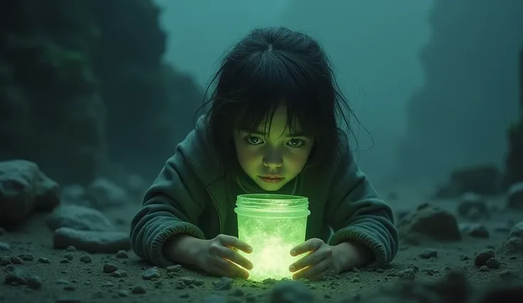 "An abandoned alien girl in a desolate, barren landscape, looking exhausted and hungry. She cautiously drinks from a glowing, mystical container filled with a strange liquid, her eyes filled with both curiosity and desperation. The scene is eerie, with dar...