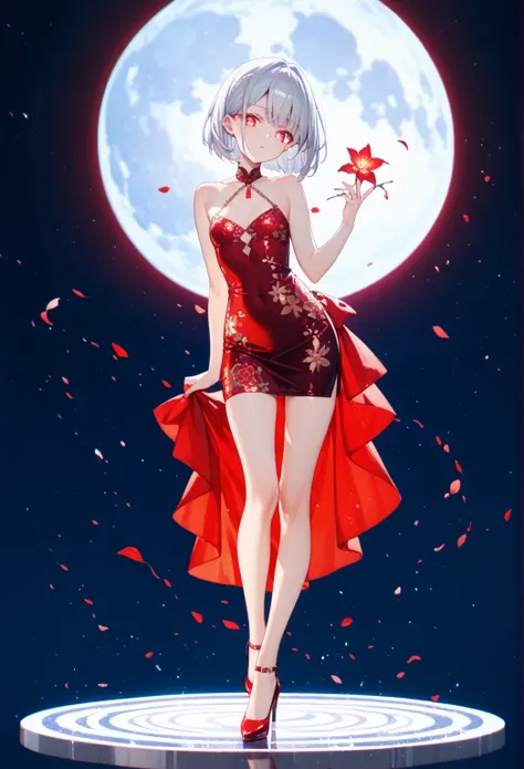 intricate details, delicate features,1girl, Alone,silver hair, red glowing eyes, bob cut sharp facial features, breasts,porcelain skin,small breasts,1girl, solo,jacquard dress ,high heels,night view,moon,sakura