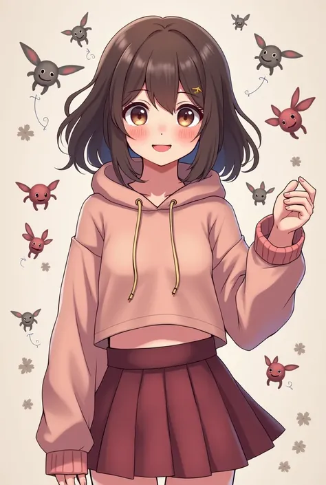 kawaii and fantasy
shy yet cheerful
girl,16
her hair was medium long on the shoulder
wear skirt,hoodie crop top
have a bracelet on the right hand
pink and nude 
she can fly
and she was from a poor family and suddenly she gets bite by some creatures