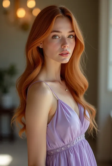  An elegant young woman with long hair , smooth and golden red ,  falling softly over your shoulders . your skin is fair,  with natural freckles that enhance her beauty .  She has large, clear eyes ,  of a greenish blue hue , and her lips are slightly pink...