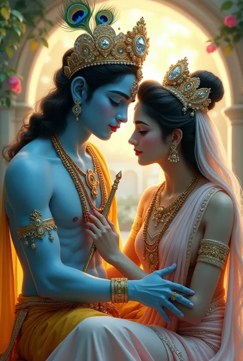 A ************ with glowing light blue skin, representing a divine and serene version of Krishna sitting close up krishan garden,beautiful radha head holdin radha is holding a delicate flute and adorned with a majestic diamond crown decorated with a vibran...