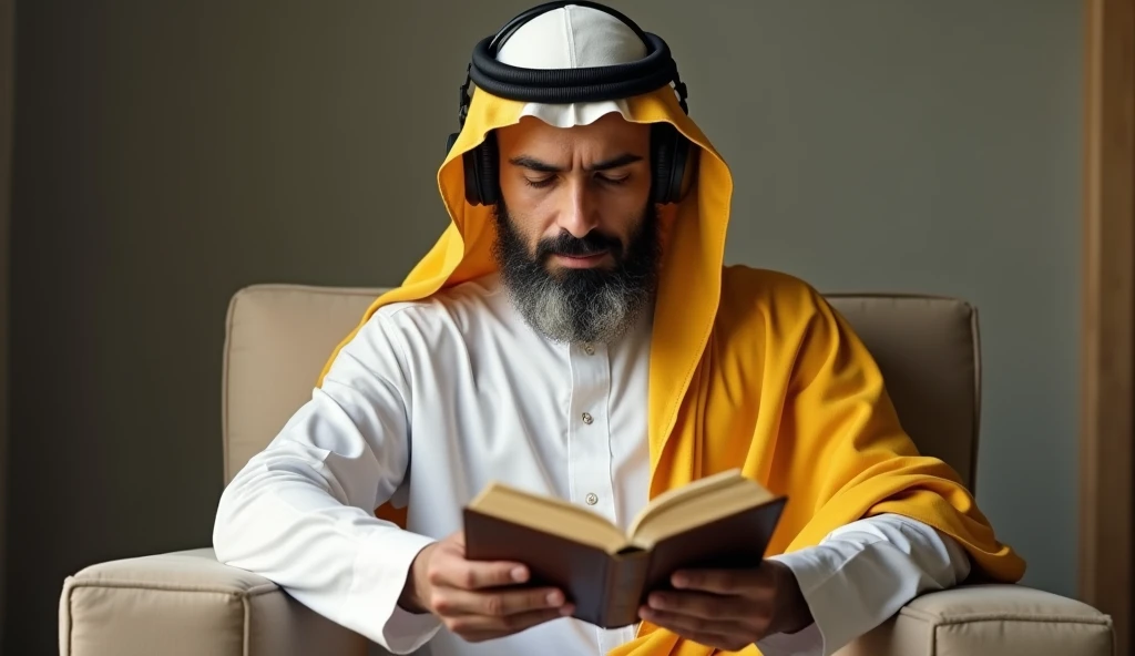 Generate an image of a handsome Arab Muslim man wearing traditional Arab attire. He is dressed in a white thobe (long robe) with a golden yellow jubbah (outer robe) over it. On his head, he wears a white peci (cap) with a yellow ridak (traditional Arab hea...