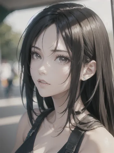 8k,masterpiece, bset quality,big, (1 girl), tifa lockhart, red_eyes, black hair, long hair, shiny skin, shiny big, ((best quality)), crisp focus: 1.2, very detailed face and skin texture, detailed eyes, perfect face, perfect body, art, cg, blur background,...