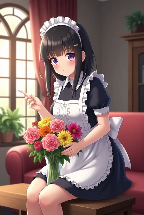 A lovely woman with black hair in a maid outfit, arranging flowers in a vase in a Western-style living room with sunlight streaming through stained glass windows, smiling as she carefully places the flowers, her eyes gleaming in anime style. Seed: 13866273...