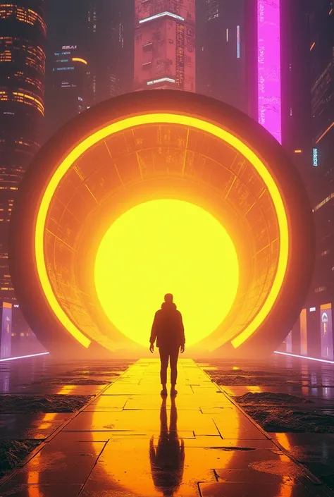  in a futuristic game world 、 where a lonely person stands in the foreground , Huge,  filled with neon holograms and data streams 、A glowing circular portal .  the scene is cyberpunk aesthetics , Bright yellow ,   Purple , 、 and the yellow light illuminate...